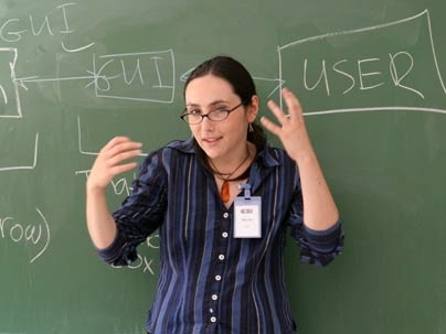 Maria 'Masha' Kamenetska, an MIT undergraduate, instructs participants in the Middle East Education Through Technology program earlier this summer. The program brings Israeli and Palestinian high school students together to learn computer science, entrepreneurship and leadership skills.