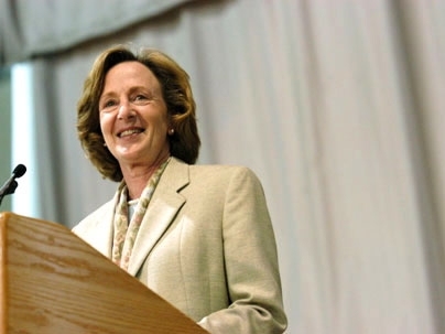 MIT President Susan Hockfield greets her 'fellow freshmen' at Freshman Convocation on Monday, Aug. 29. 'It doesn't matter where you came from, what you look like or how much money you have,' Hockfield said in welcoming the Class of 2009. 'MIT is about raising the bar for yourselves and others.'