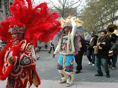 The music of New Orleans was heard around campus as members of the Wild Magnolias (in costume) paraded across campus, Mardi-Gras style, with members of the Stooges Brass Band. Both groups also performed Sunday at Kresge Auditorium, as part of MIT's Fall Festival "Bayou Bash" benefiting victims of Hurricane Katrina.