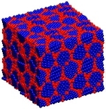 This conceptual drawing shows the structure of a nickel-tungsten alloy that promises a safer alternative to chromium.  The nano-sized crystals (blue) are mostly composed of nickel, and are joined together by regions rich in tungsten (red).