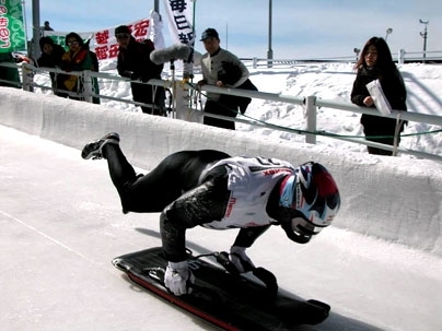 Patrick Antaki '84 competes in the skeleton event during the 2003 World Championship in Nagano, Japan.