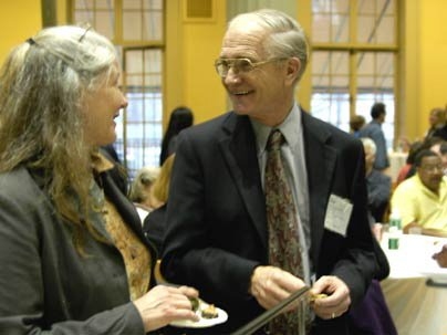 J. Kim Vandiver, dean for undergraduate research and the parent of three MIT alumni, chatted with the mother of a prospective student at a reception held for parents during Campus Preview Weekend.