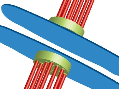 Chromosomes (blue) are shown being pulled apart by microtubules (red). The green represents the cement-like substance that establishes the connection between microtubules and chromosomes. MIT researchers recently pinpointed two proteins that are key to normal cell division.
