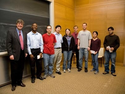 Department Head Klavs Jensen presents the Chemical Engineering Department Special Service Awards to Kathryn Schumacher, Adekunle Adeyemo,Joshua Allen, Emily Chang, Himanshu Dhamankar, Jyoti Goda, Patrick Heider,Jaisree Iyer, Becky Ladewski, Bradley Niesner, Michael Petr, Justin Quon, and Yuxi Zhang in recognition of their efforts in the leadership of the Departmental Graduate Student Council.