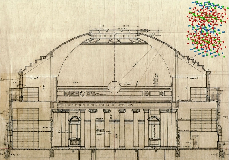 The Great Dome at MIT, shown here in an architectural draft, includes a cement liner that seals and secures the sandstone overlay. In research published earlier this year in the Proceedings of the National Academy of Sciences, a group of MIT researchers used computational materials science techniques to decode for the first time the three-dimensional structure of the basic unit of calcium-silicate...