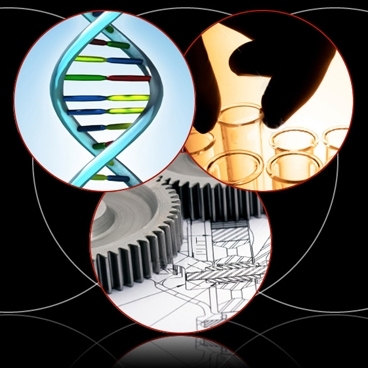 Overlapping circles contain images of DNA double helix, test tubes, and gears