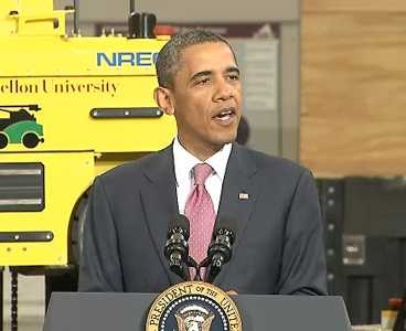 U.S. President Barack Obama talks about the formation of the Advanced Manufacturing Partnership (AMP) during an event at Carnegie Mellon University in Pittsburgh today.