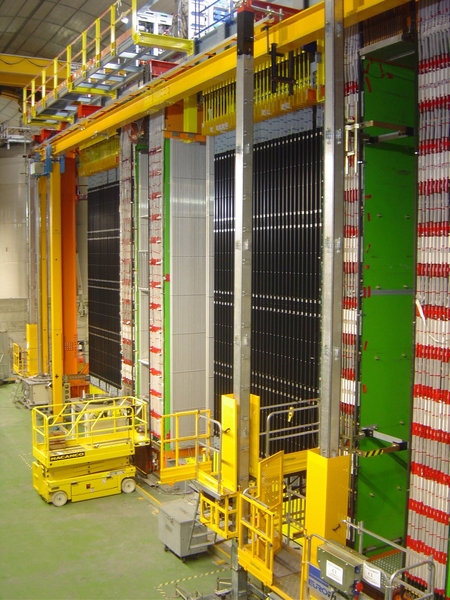 View of the OPERA detector (on the CNGS facility) with its two identical Super Modules, each one containing one target section and one spectrometer