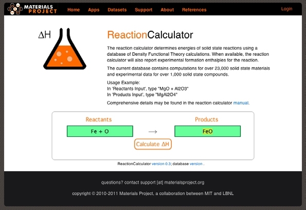 One of the tool's functionalities is a 'Reaction Calculator,' which calculates the enthalpy of thousands of reactions and compare to experimental values.
