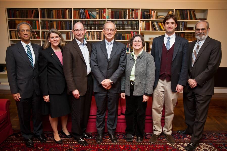 Daniel Hastings, Dean of Undergraduate Education (far left) joins MacVicar fellows Nancy Lin Rose and David Kaiser, along with Provost L. Rafael Reif (center), MacVicar Fellows Leslie Pack Kaelbling and William Broadhead, and Chancellor Eric Grimson (far right).