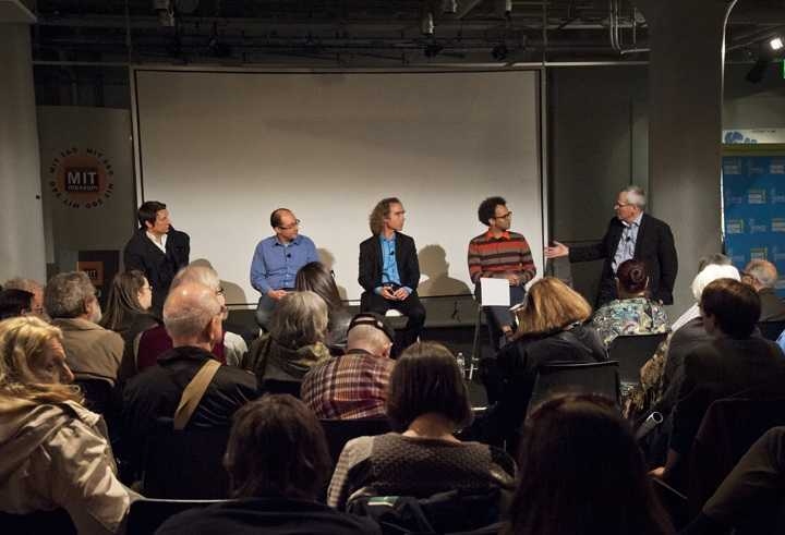 The Science of Illusion panel at the MIT Museum. Panelists Robert Lepage, George Barbastathis, Seth Riskin, Graham Jones and John Durant.