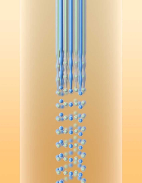 Illustration shows a molten fiber, a fiber dissolving into small particles
