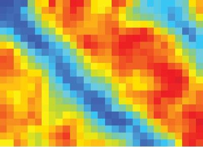 An image (made with Raman spectroscopy) of a graphene layer on top of a patterned substrate shows the difference in chemical reactivity of the side opposite the substrate. The wide red stripe is an area over a silicon dioxide substrate, making the top surface of the graphene highly reactive. The narrow blue stripe is graphene over a layer of hydrocarbon (called OTS), and there is almost no reactiv...