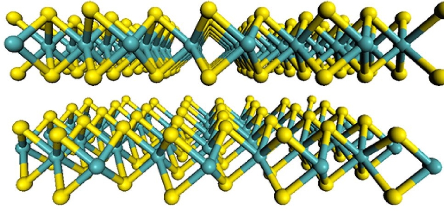 Diagram shows the flat-sheet structure of the material used by the MIT team, molybdenum disulfide. Molybdenum atoms are shown in teal, and sulfur atoms in yellow.
