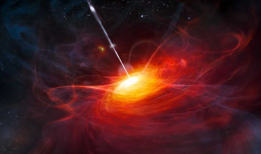 An artist's rendering of how the most distant quasar found to date would have appeared just 770 million years after the Big Bang.
