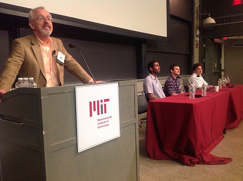 Professor Richard Larson and a panel including Cody Coleman, Sam Shames and Ethan Solomon at the MIT LINC 2013 Conference