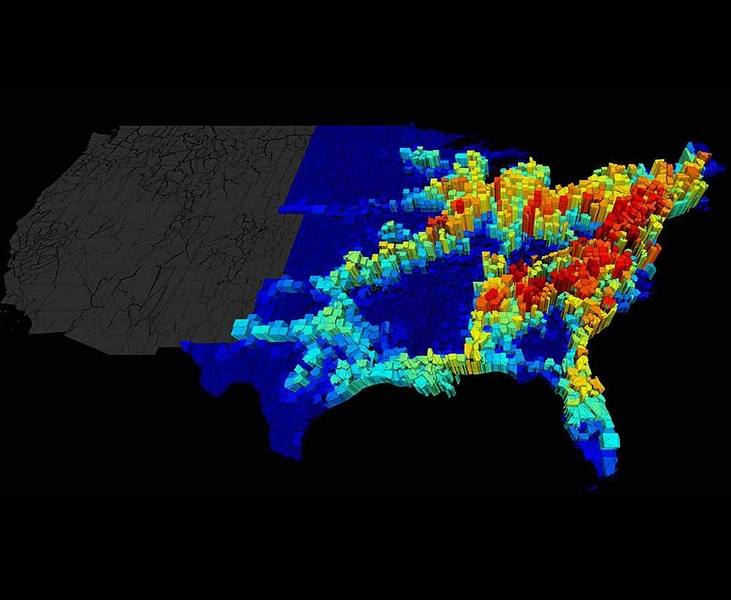 MIT researchers have linked the game theory concept of "price of anarchy" to the spread of contagion. The price of anarchy measures the difference in the spread of a disease between selfish (uncoordinated) and policy-driven (coordinated) human mobility. In this graphic, warm colors indicate geographical areas (such as the I-95 commuting corridor) with a high price of anarchy.
