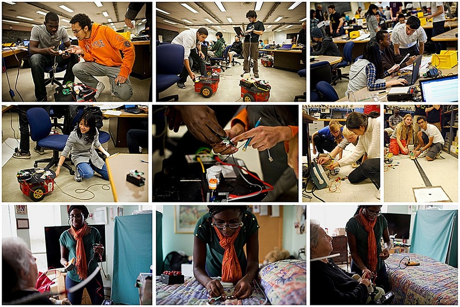 Three by three grid showing students working on various projects