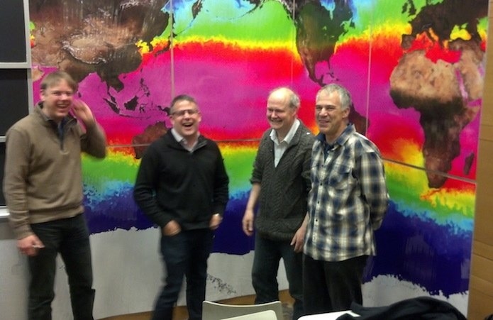 Some of the contributors to the MITgcm modeling effort: (left to right) Martin Losch, Baylor Fox Kemper (PhD '03), Chris Hill, and Dimitris Menemenlis.