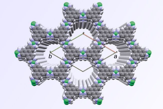 A diagram of the molecular structure of the new material shows how it naturally forms a hexagonal lattice structure, and its two-dimensional layers naturally arrange themselves so that the  openings in the hexagons are all perfectly aligned.