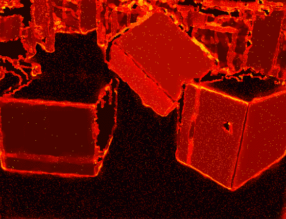 The researchers' new algorithm takes depth information (red) about a visual scene and determines the orientation of the objects depicted (red, blue, and green). That makes the problem of plane segmentation — deciding which elements of the scene lie in which planes, at what depth — much simpler (multiple colors). (Enlarge to see animation.)
