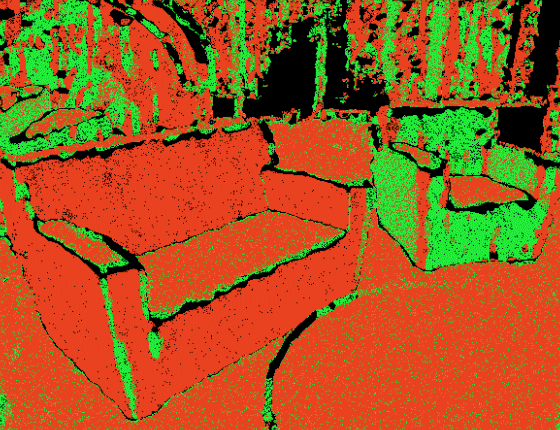 The researchers' new algorithm takes depth information (red) about a visual scene and determines the orientation of the objects depicted (red, blue, and green). That makes the problem of plane segmentation — deciding which elements of the scene lie in which planes, at what depth — much simpler (multiple colors). (Enlarge to see animation.)