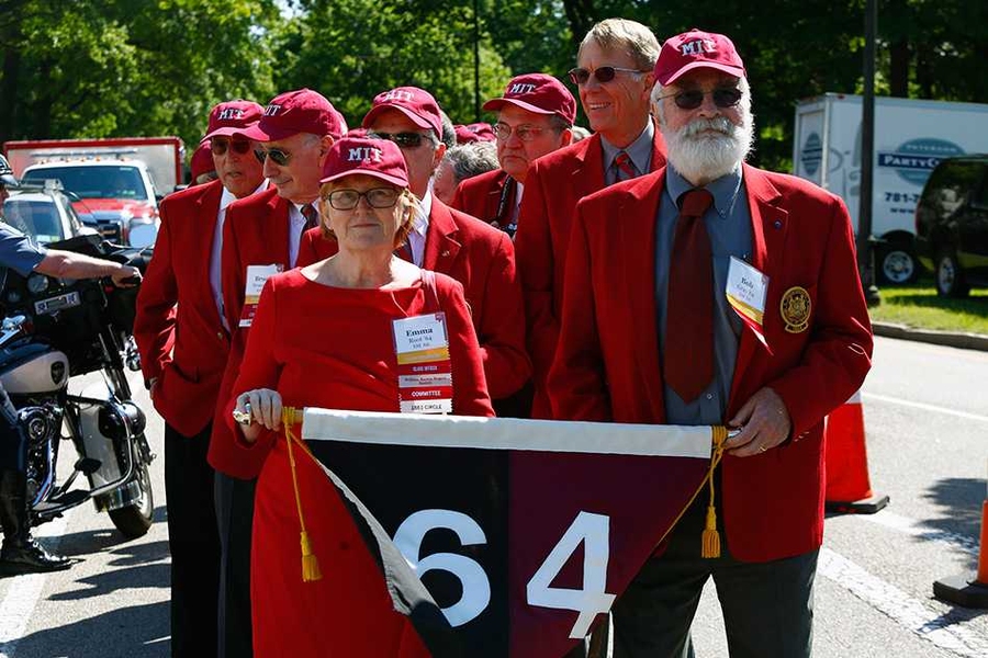 Each year at MIT's Commencement, members of the 50th anniversary class — this year, the Class of 1964 — don red blazers and lead the students into Killian Court.