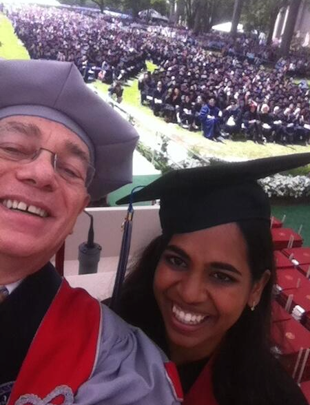 President L. Rafael Reif's “selfie” with senior class president Anika Gupta, taken from the podium with the graduating class as a backdrop.