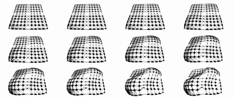 A printable, self-deforming material that changes its surface area in order to curve in two different directions simultaneously.