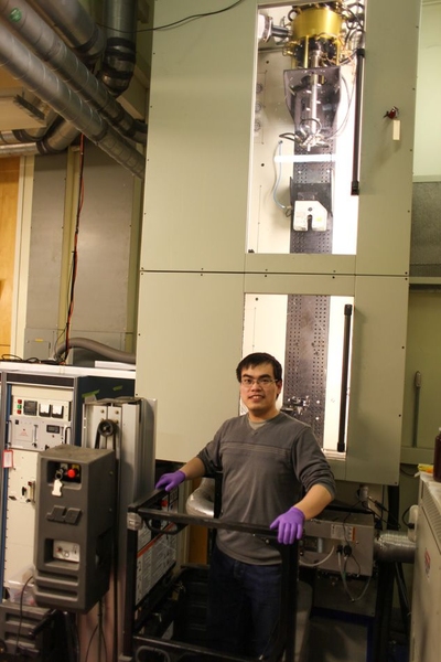Chong Hou stands on the elevator in front of the fiber drawing tower. He loads the preform at the top of the tower, and the machine then heats and stretches the preform, altering its properties. “When we looked inside the core, we didn’t see shiny aluminum. We didn’t know what happened,” Hou says. Upon analysis, the researchers found that the core had turned to silicon — in fact, very pu...