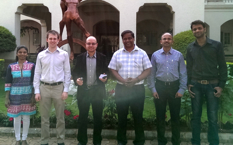 Collaborators from the Chest Research Foundation (CRF) team and MIT together worked on a low-cost mobile platform to diagnose pulmonary disease. Left to right: Vandana Vincent (CRF staff), Dan Chamberlain (Tata Center for Design and Technology), Rich Fletcher (MIT D-Lab), Sandeep Salvi (CRF director), Rahul Kodgule (CRF research director), Anurag Ballewar (Vishwakarma Institute of Technology stude...
