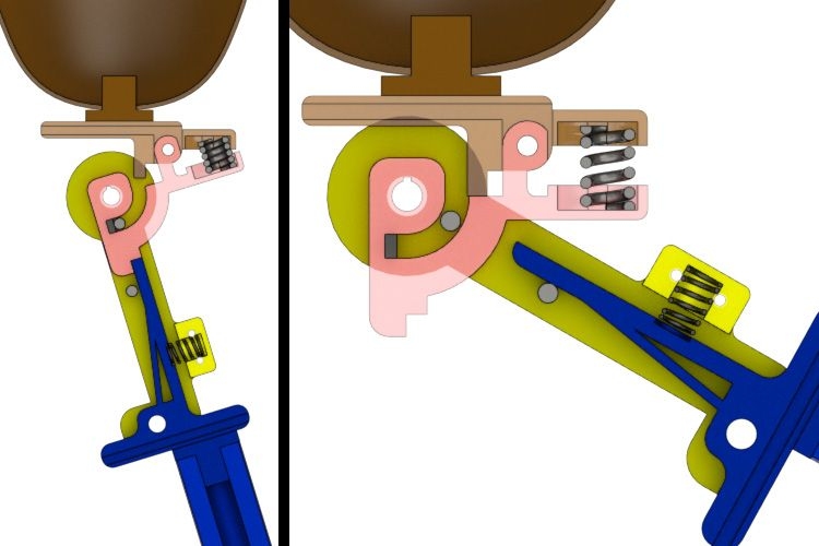 The mechanism in operation: an early stance flexion (left) and the transition from stance to swing (right).