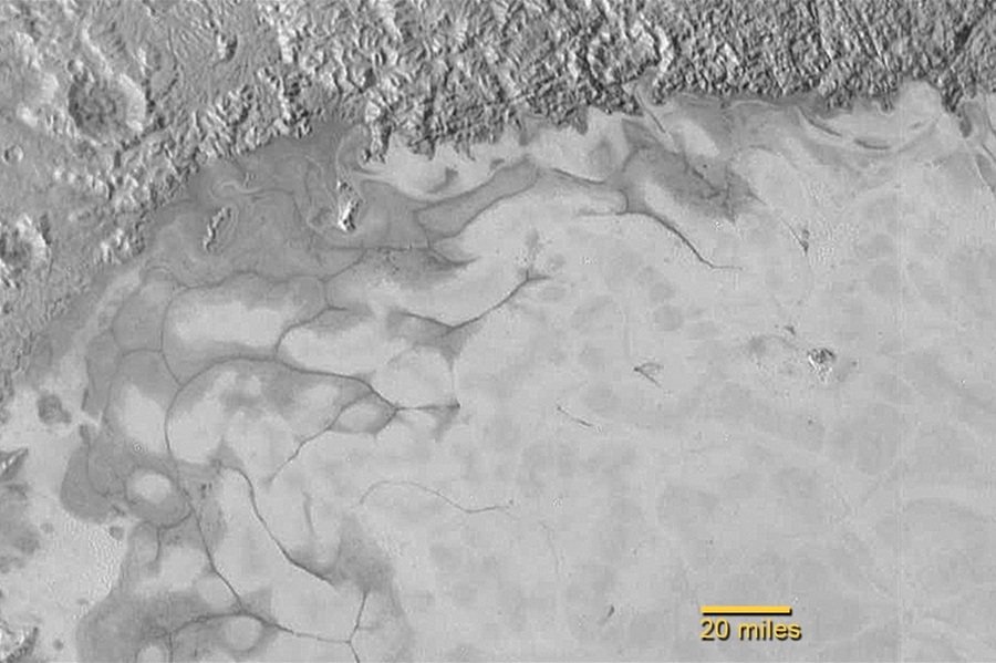 New Horizons discovered flowing ices in Pluto’s heart-shaped feature. Swirl patterns of light and dark suggest a surface layer of exotic ices has flowed around obstacles and into depressions, much like glaciers on Earth.