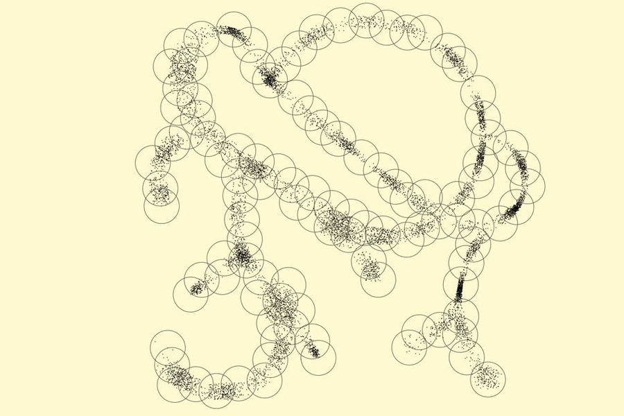 Illustration of points in an arbitrary high-dimensional space that live close to a one-dimensional, tree-like structure, as might arise from genomes generated by mutation and selection in evolution. Although high-dimensional at a fine scale, at the coarser scale of covering spheres, the data cloud looks nearly one-dimensional, which enables entropy scaling of similarity search.