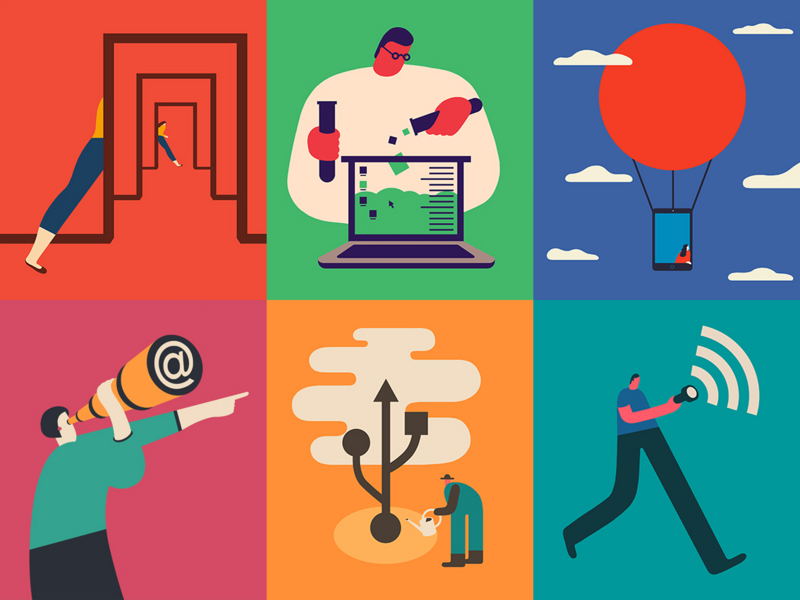 Colorful illustration showing six activities