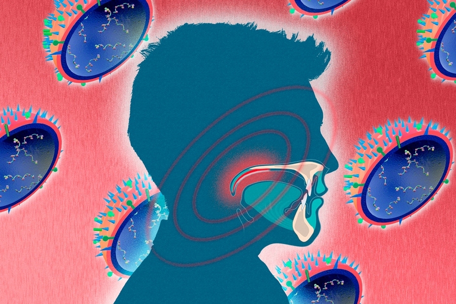 MIT researchers find the soft palate (in red) — the soft tissue at the back of the roof of the mouth — plays a key role in how the flu virus (in background) travels through the air.