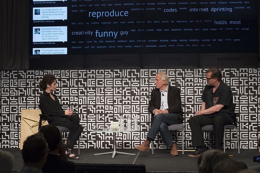Left to right: MIT's Neri Oxman; artist Theo Jansen; and Peabody Essex Museum curator Trevor Smith engage in discussion during a ML Talk at the MIT Media Lab.