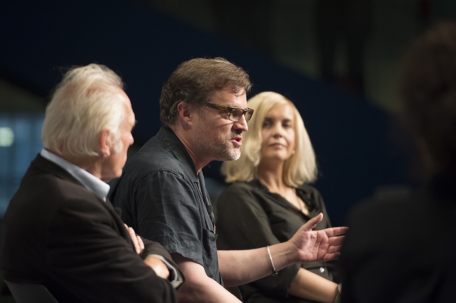 Left to right: Theo Jansen, Trevor Smith, and Lena Herzog at the MIT Media Lab