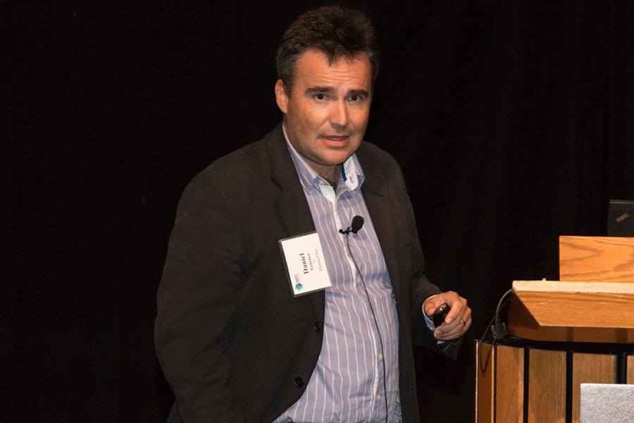 Element Six Chief Technology Officer Daniel Twitchen addresses the annual Materials Day Symposium, "Quantum Materials," at MIT on Oct. 14.
