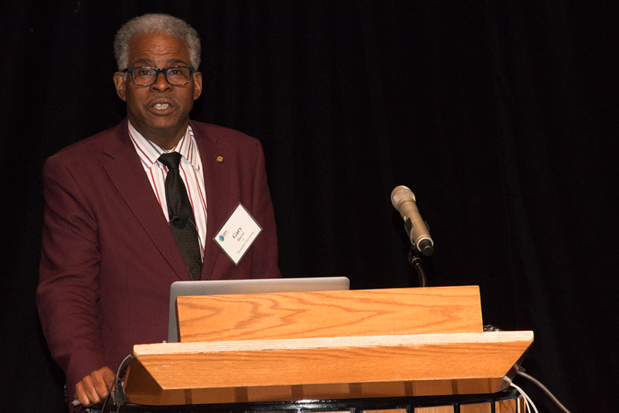 Center for Integrated Quantum Materials (CIQM) co-principal investigator Gary L. Harris addresses the annual Materials Day Symposium, "Quantum Materials," at MIT on Oct. 14. Harris is also dean of the Graduate School at Howard University in Washington.