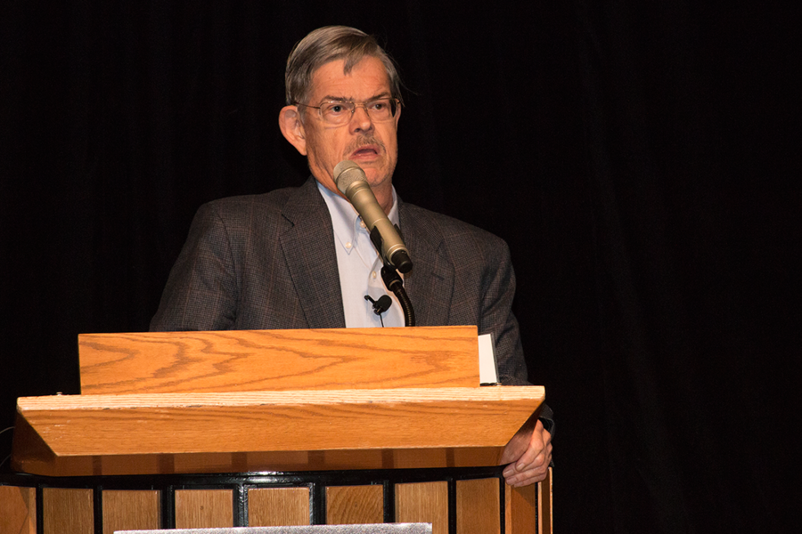 George Bourianoff, a special consultant to Intel's Microprocessor Research Labs, addresses the annual Materials Day Symposium, "Quantum Materials," at MIT on Oct. 14.