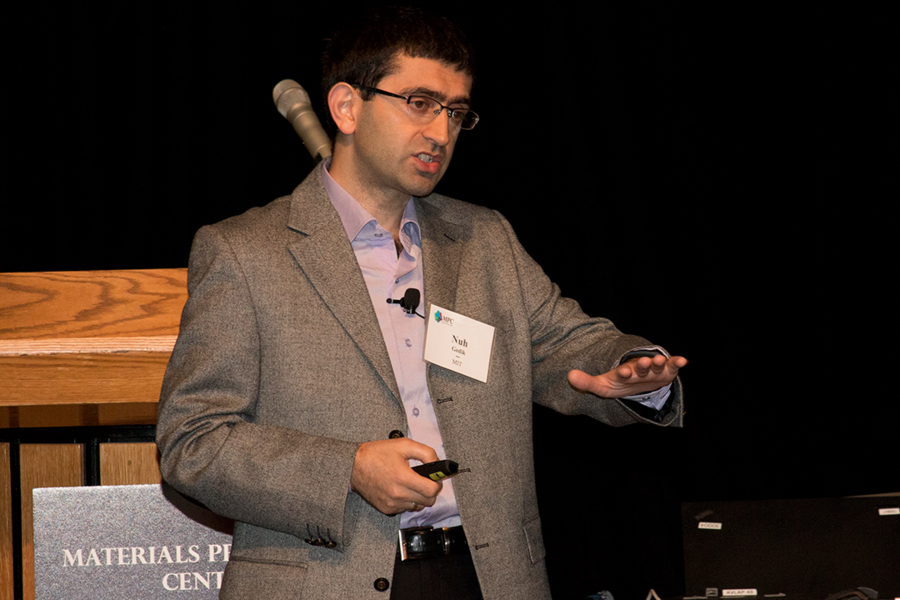 Nuh Gedik, the Lawrence C. (1944) and Sarah W. Biedenharn Career Development Associate Professor of Physics at MIT, addresses the annual Materials Day Symposium, "Quantum Materials," at MIT on Oct. 14.