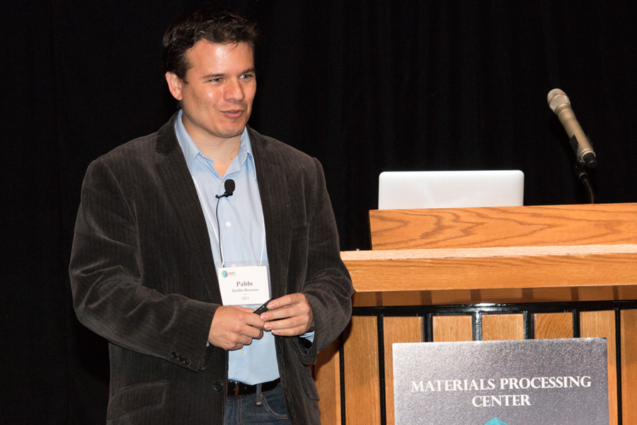Pablo Jarillo-Herrero, the Mitsui Career Development Associate Professor of Physics at MIT, addresses the annual Materials Day Symposium, "Quantum Materials," at MIT on Oct. 14.