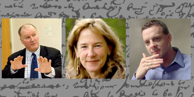 “Poems teach our students how to dwell with concentration — a skill that must be learned, and one that students don’t necessarily develop elsewhere in their lives, especially these days,” says Stephen Tapscott, MIT professor of literature (left). Also pictured: Erica Funkhouser (center), lecturer in Comparative Media Studies/Writing; and Nick Montfort, associate professor of digital media ...