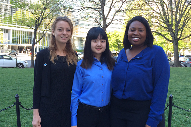 Payton Kaar (left) and Kiona Elliot (right) are alumnae from Northeast High School InvenTeam in Oakland Park, Florida. Wendy Ni from Baruch College Campus High School InvenTeam joins them.