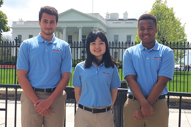 Amro Halwah (left), Wendy Ni (center), and Stephen Mwingira of Baruch College Campus High School InvenTeam in New York City visit Washington for the 2016 White House Science Fair.