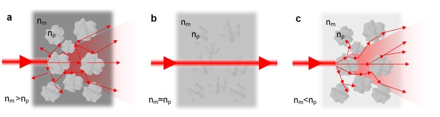 At a certain temperature (b), the refractive indices of an optical fluid and glass particles suspended in it match, rendering the solid-fluid mixture transparent. At lightly lower (a) and higher (b) temperatures, the mismatch of refractive indices causes light to scatter.