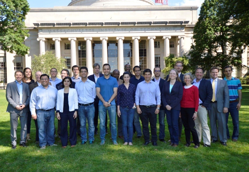 Participants in the 2016 Agriculture, Innovation, and the Environment short program from MIT Professional Education pose in Killian Court.