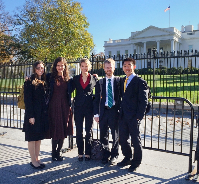Jessika Trancik (center) stands in front of the White House with members of her team: (left to right) Goksin Kavlak and Magdalena Klemun of IDSS, Patrick Brown of the Department of Physics, and Joel Jean of the Department of Electrical Engineering and Computer Science.