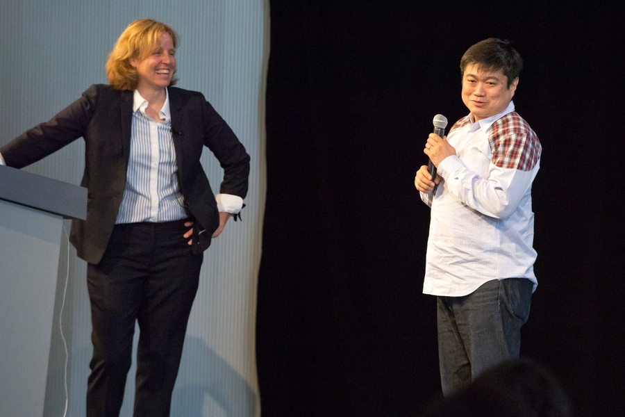 In his opening remarks, Media Lab Director Joi Ito (right) told the conference crowd that, “everyone needs to start developing the conversations that you’re having — getting these groups together and turning it into a viral thing.”